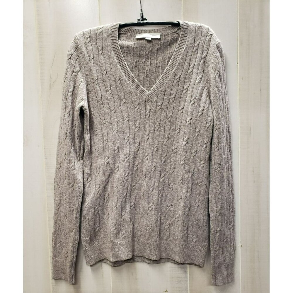 LOFT V-Neck Sweater, Women's Small, Cable Knit, Beige, Wool Nylon Blend, Soft!